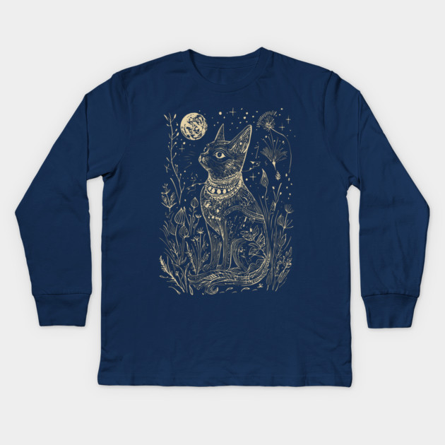 Celestial Bastet Under the Stars – Egyptian Goddess of Protection Kids Long Sleeve T-Shirt by TuncGK