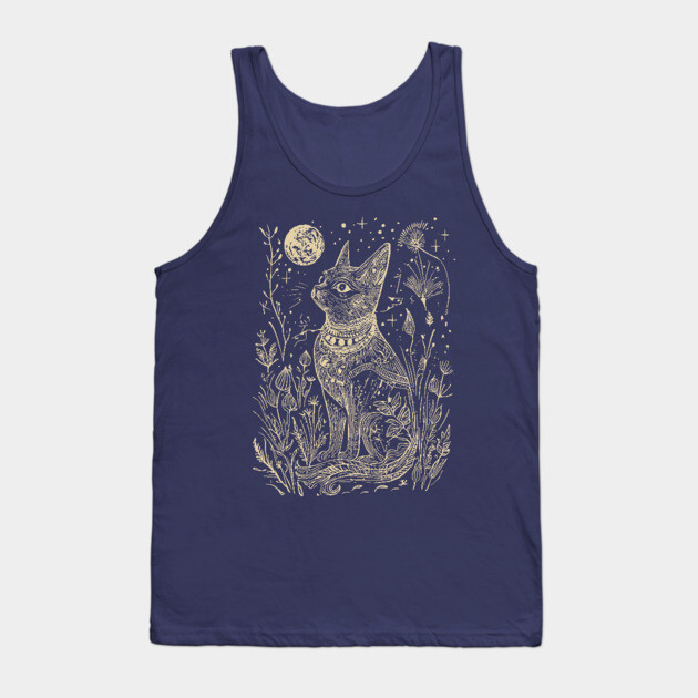 Celestial Bastet Under the Stars – Egyptian Goddess of Protection Tank Top by TuncGK