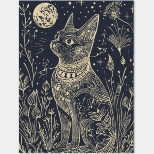 Celestial Bastet Under the Stars – Egyptian Goddess of Protection Posters and Art