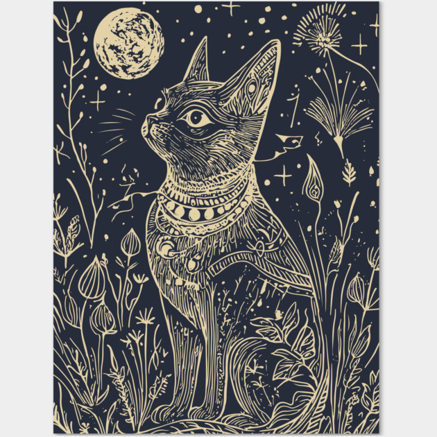 Celestial Bastet Under the Stars – Egyptian Goddess of Protection Wall Art by TuncGK