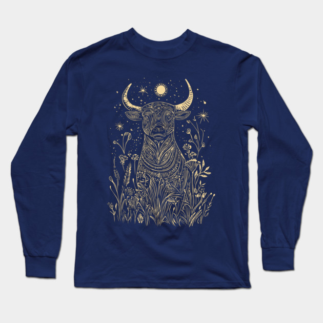 Celestial Sacred Bull – Mythical Power Under the Moon Long Sleeve T-Shirt by TuncGK