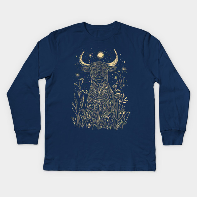 Celestial Sacred Bull – Mythical Power Under the Moon Kids Long Sleeve T-Shirt by TuncGK