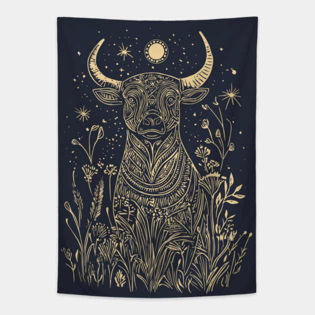 Celestial Sacred Bull – Mythical Power Under the Moon Tapestry by TuncGK