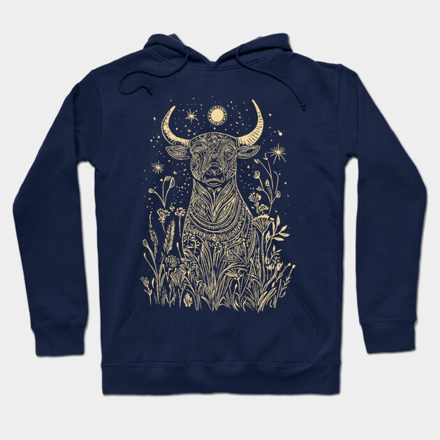 Celestial Sacred Bull – Mythical Power Under the Moon Hoodie by TuncGK