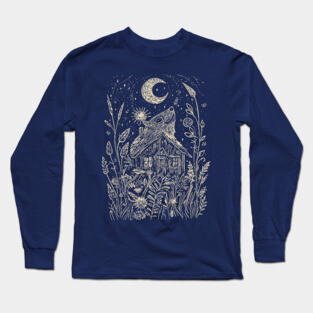 Mystical Cabin in the Forest – A Celestial Refuge Under the Moon Long Sleeve T-Shirt