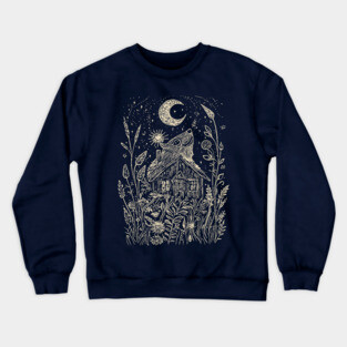 Mystical Cabin in the Forest – A Celestial Refuge Under the Moon Crewneck Sweatshirt
