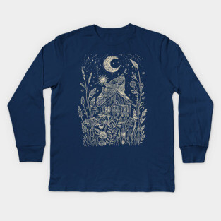 Mystical Cabin in the Forest – A Celestial Refuge Under the Moon Kids Long Sleeve T-Shirt