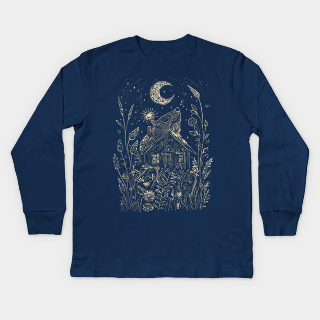 Mystical Cabin in the Forest – A Celestial Refuge Under the Moon Kids Long Sleeve T-Shirt by TuncGK