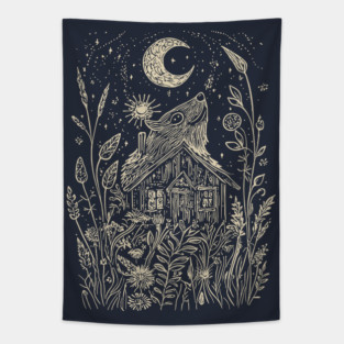 Mystical Cabin in the Forest – A Celestial Refuge Under the Moon Tapestry
