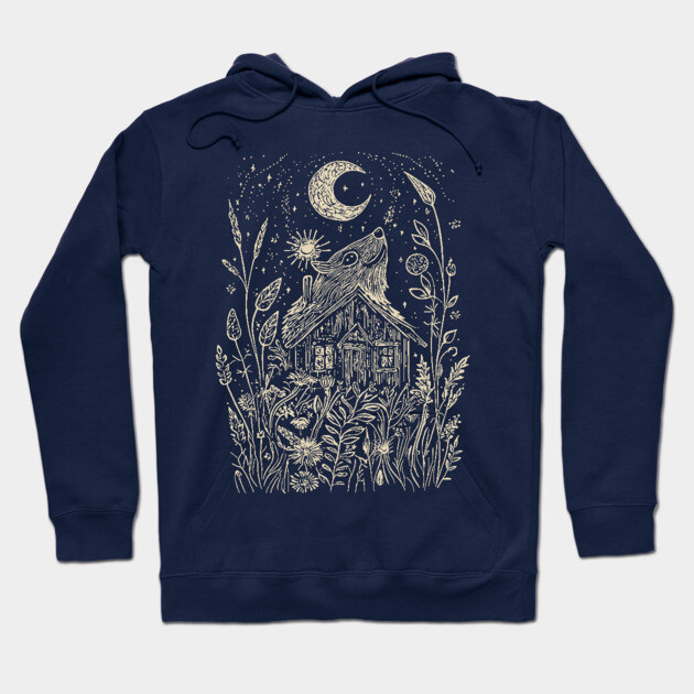 Mystical Cabin in the Forest – A Celestial Refuge Under the Moon Hoodie by TuncGK