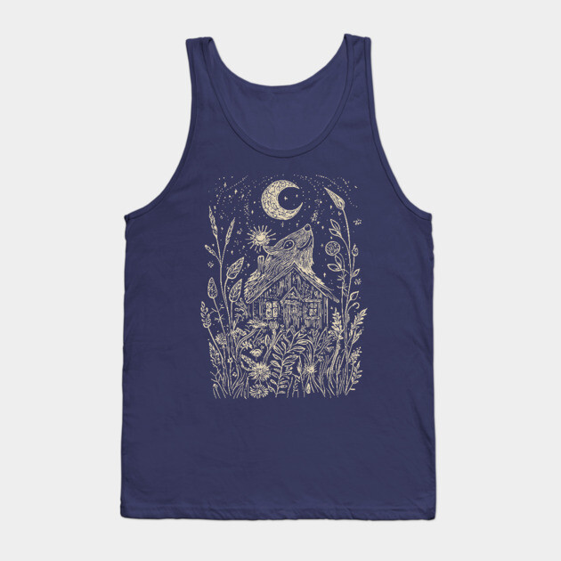 Mystical Cabin in the Forest – A Celestial Refuge Under the Moon Tank Top by TuncGK