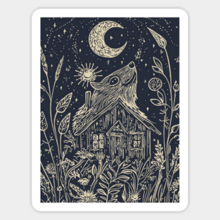 Mystical Cabin in the Forest – A Celestial Refuge Under the Moon Sticker