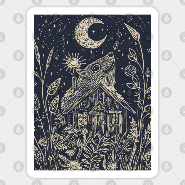 Mystical Cabin in the Forest – A Celestial Refuge Under the Moon Sticker by TuncGK