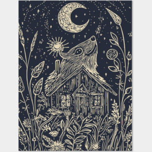 Mystical Cabin in the Forest – A Celestial Refuge Under the Moon Posters and Art