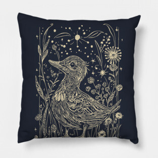 Moonlit Duck in the Meadow – A Tranquil Nighttime Scene Pillow