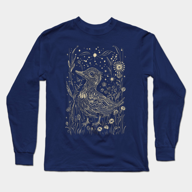 Moonlit Duck in the Meadow – A Tranquil Nighttime Scene Long Sleeve T-Shirt by TuncGK