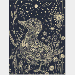 Moonlit Duck in the Meadow – A Tranquil Nighttime Scene Posters and Art