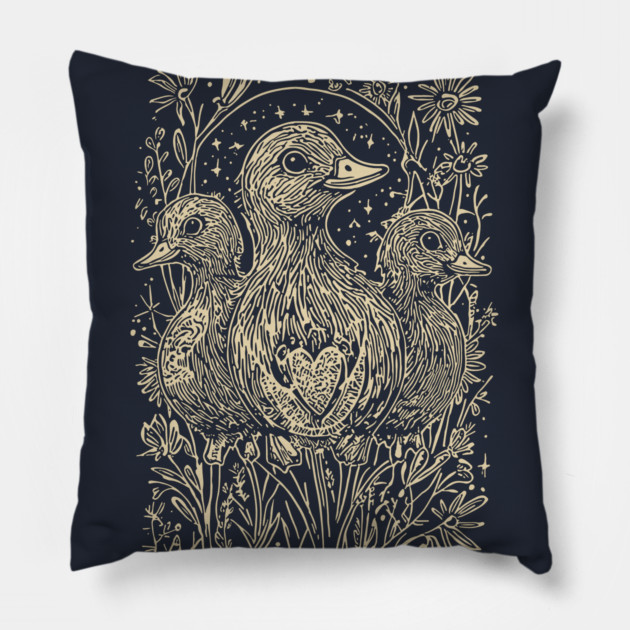 Celestial Ducklings Under the Moon – Family, Nature, and Cosmic Harmony Pillow by TuncGK