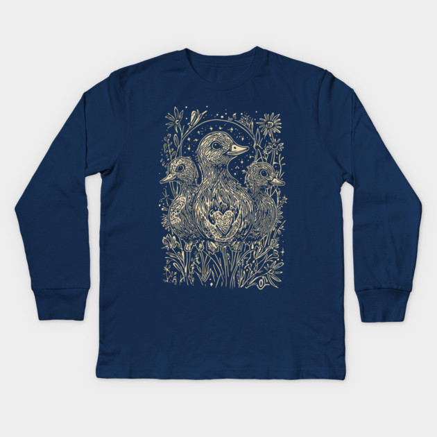Celestial Ducklings Under the Moon – Family, Nature, and Cosmic Harmony Kids Long Sleeve T-Shirt by TuncGK
