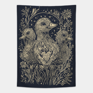 Celestial Ducklings Under the Moon – Family, Nature, and Cosmic Harmony Tapestry
