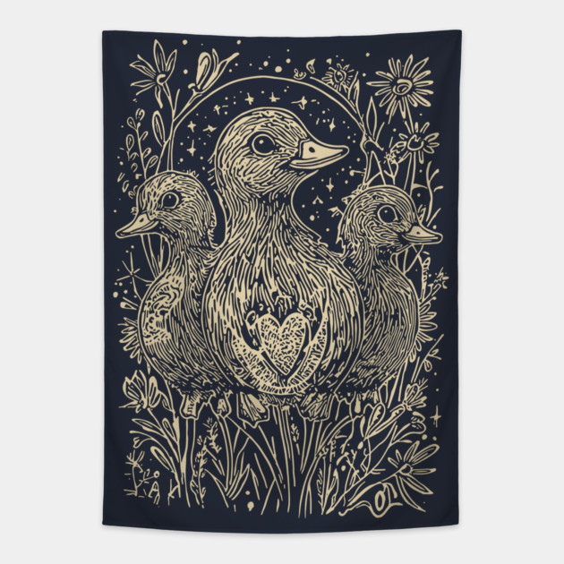 Celestial Ducklings Under the Moon – Family, Nature, and Cosmic Harmony Tapestry by TuncGK