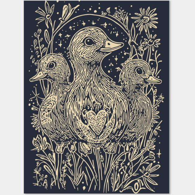 Celestial Ducklings Under the Moon – Family, Nature, and Cosmic Harmony Wall Art by TuncGK