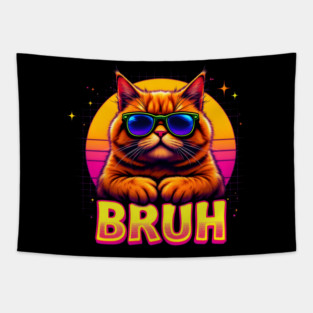 "Bruh" Cat: Retro Sunset Vibes Tapestry