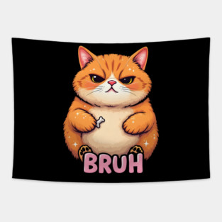 Grumpy "Bruh" Cat: Funny Meme Tapestry