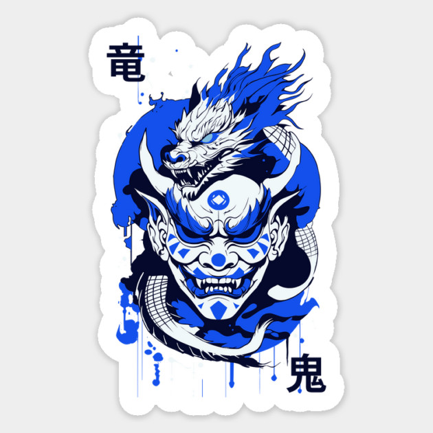 Blue Oni & Dragon Japanese Mythology Art Sticker by Designed By Marty