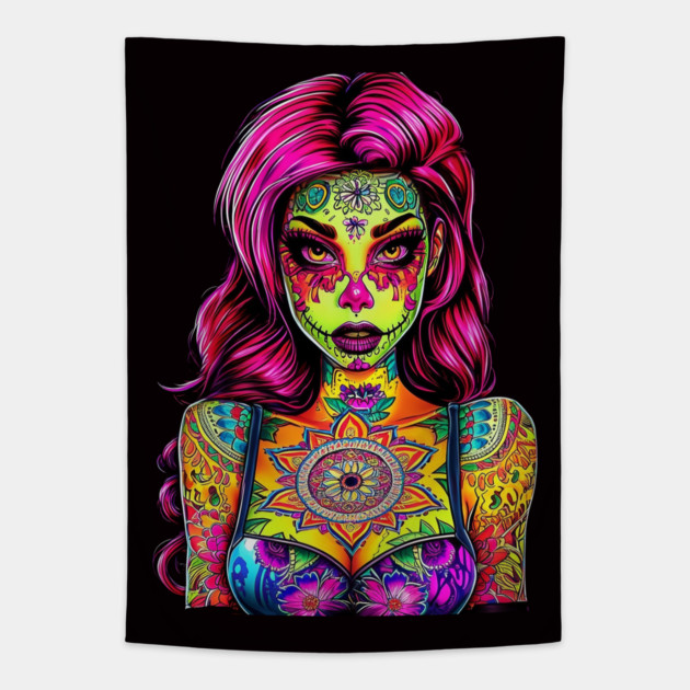 Skull Girl Tattoo Tapestry by animegirlnft