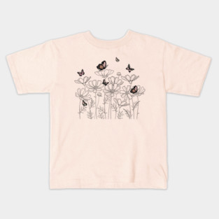 Floral Garden with Butterflies in Line Art Style, Nature-Inspired Design Kids T-Shirt