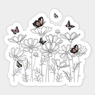 Floral Garden with Butterflies in Line Art Style, Nature-Inspired Design Sticker