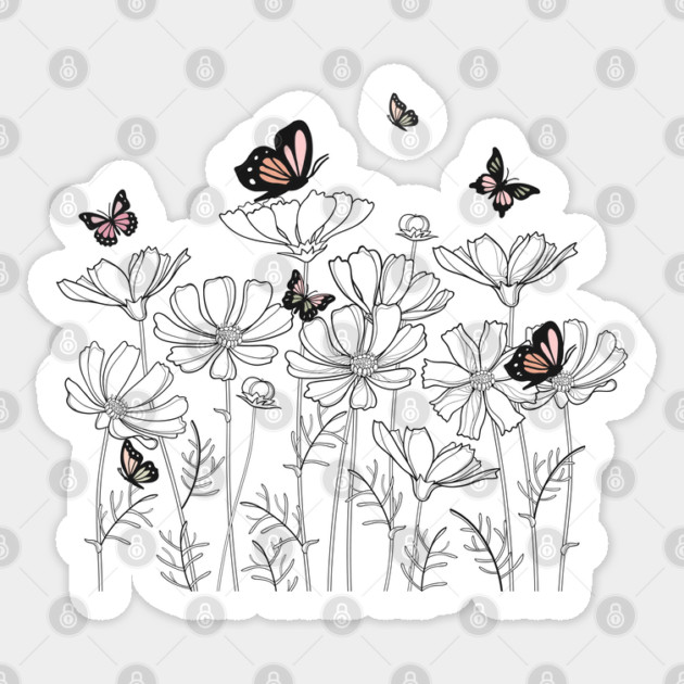 Floral Garden with Butterflies in Line Art Style, Nature-Inspired Design Sticker by CrystalJ 