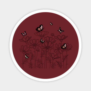 Floral Garden with Butterflies in Line Art Style, Nature-Inspired Design Magnet