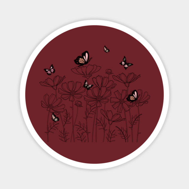 Floral Garden with Butterflies in Line Art Style, Nature-Inspired Design Magnet by CrystalJ 