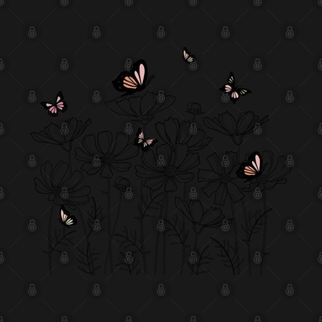 Floral Garden with Butterflies in Line Art Style, Nature-Inspired Design by CrystalJ 
