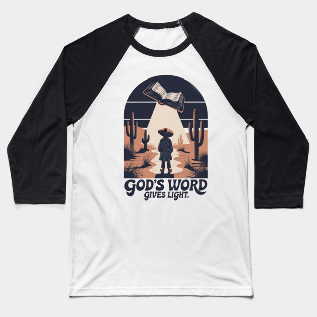 Light of the Word - Man Holding the Holy Bible Christian POD Design Baseball T-Shirt by Rox