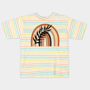 Boho Rainbow with Black Leaf Overlay, Boho Earthy Minimalist Design Kids T-Shirt