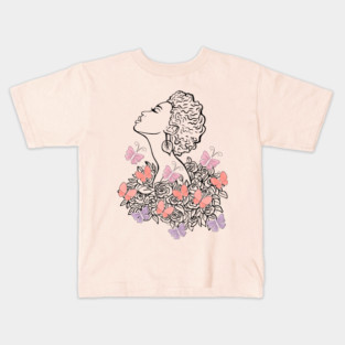 Lady Line Art with Butterflies and Roses in Pastel Colors Kids T-Shirt
