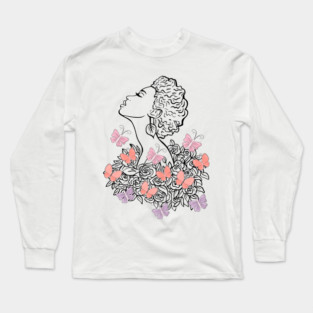 Lady Line Art with Butterflies and Roses in Pastel Colors Long Sleeve T-Shirt