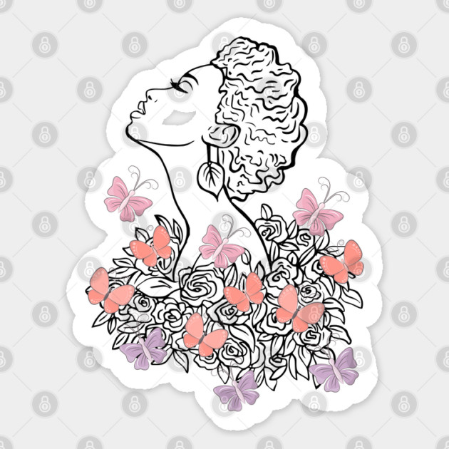 Lady Line Art with Butterflies and Roses in Pastel Colors Sticker by CrystalJ 