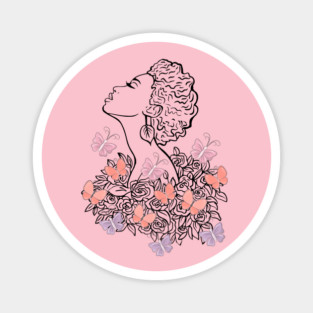 Lady Line Art with Butterflies and Roses in Pastel Colors Magnet