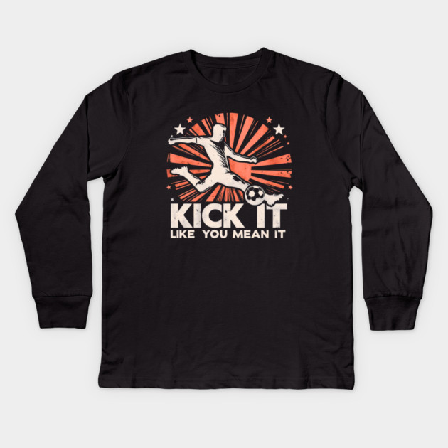 Kick It Like You Mean It – Retro Soccer Silhouette Design Kids Long Sleeve T-Shirt by Ben's Store 1