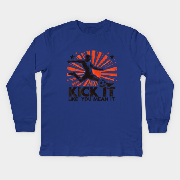 Kick It Like You Mean It – Retro Soccer Silhouette Design Kids Long Sleeve T-Shirt by Ben's Store 1