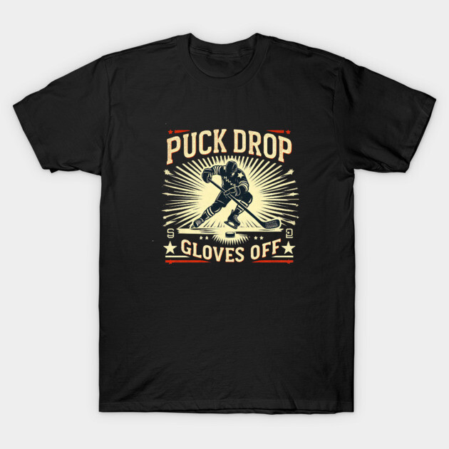 Puck Drop, Gloves Off – Vintage Ice Hockey Silhouette Design T-Shirt by Ben's Store 1