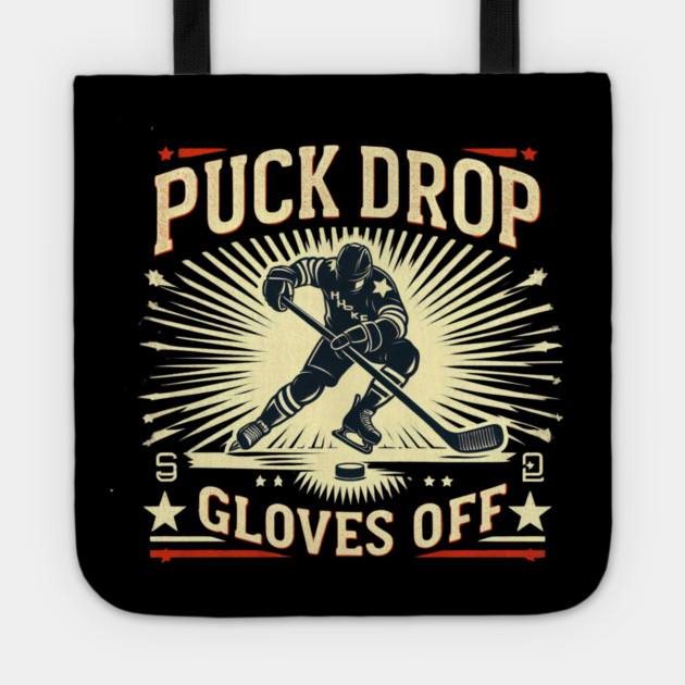Puck Drop, Gloves Off – Vintage Ice Hockey Silhouette Design Tote by Ben's Store 1