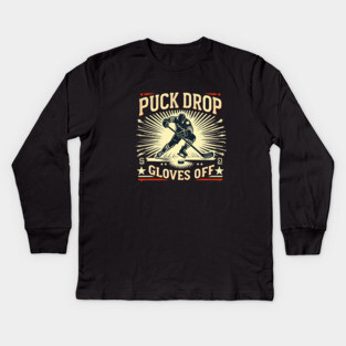 Puck Drop, Gloves Off – Vintage Ice Hockey Silhouette Design Kids Long Sleeve T-Shirt