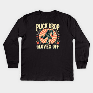 Puck Drop, Gloves Off – Vintage Ice Hockey Silhouette Design Kids Long Sleeve T-Shirt