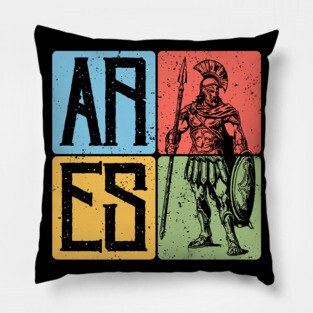 Ares the God of War - Spartan Warrior Retro Block Print Art Pillow
