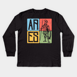 Ares the God of War - Spartan Warrior Retro Block Print Art Kids Long Sleeve T-Shirt